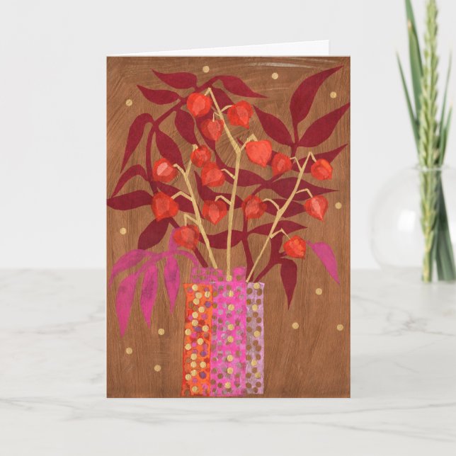 Physalis Kinesisk Lanterns Papper Collage Blommigt Anteckningskort (Framsida)