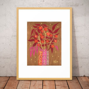 Physalis Kinesisk Lanterns Papper Collage Blommigt Poster
