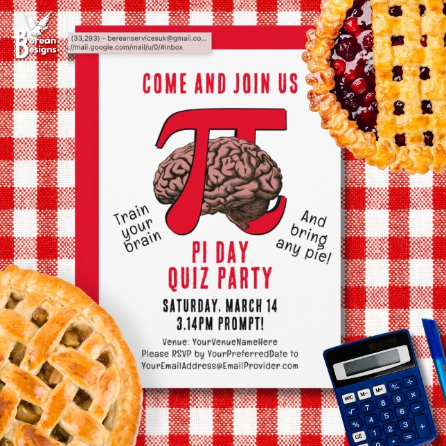 PI DAGY Memorization Party Inbjudningar (Fun PI DAY QUIZ PARTY Invitation to celebrate March 14. Ideal for math quizzes and pie lovers too.)