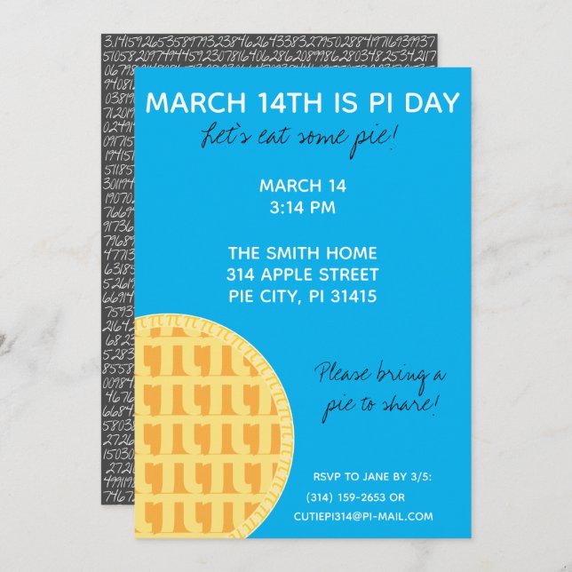 Pi Day Party-inbjudan med Pi-siffror på baksidan! Inbjudningar (Fram/baksida)