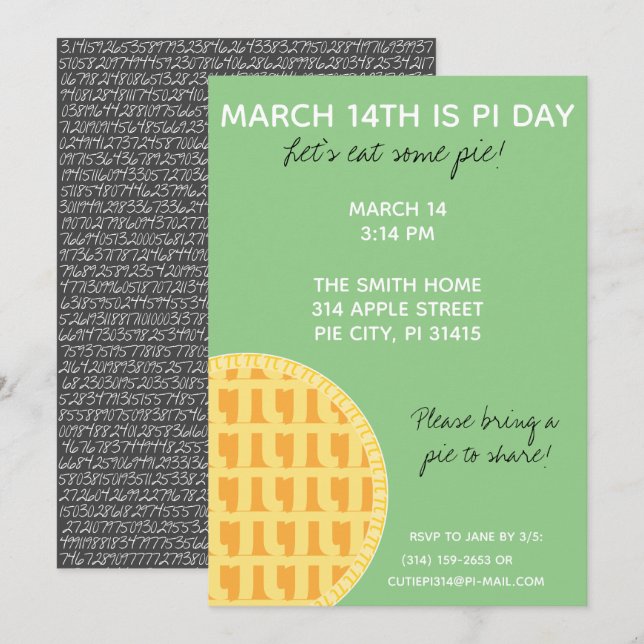 Pi Day Party-inbjudan med Pi-siffror på baksidan! Inbjudningar (Fram/baksida)