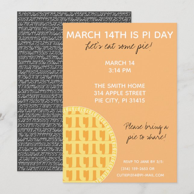 Pi Day Party-inbjudan med Pi-siffror på baksidan! Inbjudningar (Fram/baksida)