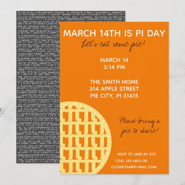 Pi Day Party-inbjudan med Pi-siffror på baksidan! Inbjudningar (Fram/baksida)