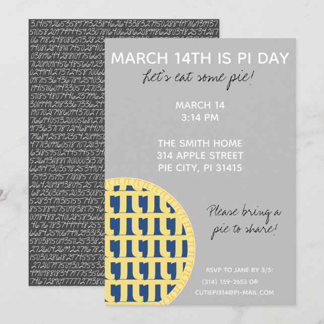Pi Day Party-inbjudan med Pi-siffror på baksidan! Inbjudningar (Fram/baksida)