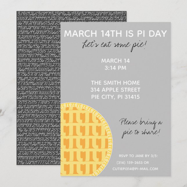 Pi Day Party-inbjudan med Pi-siffror på baksidan! Inbjudningar (Fram/baksida)