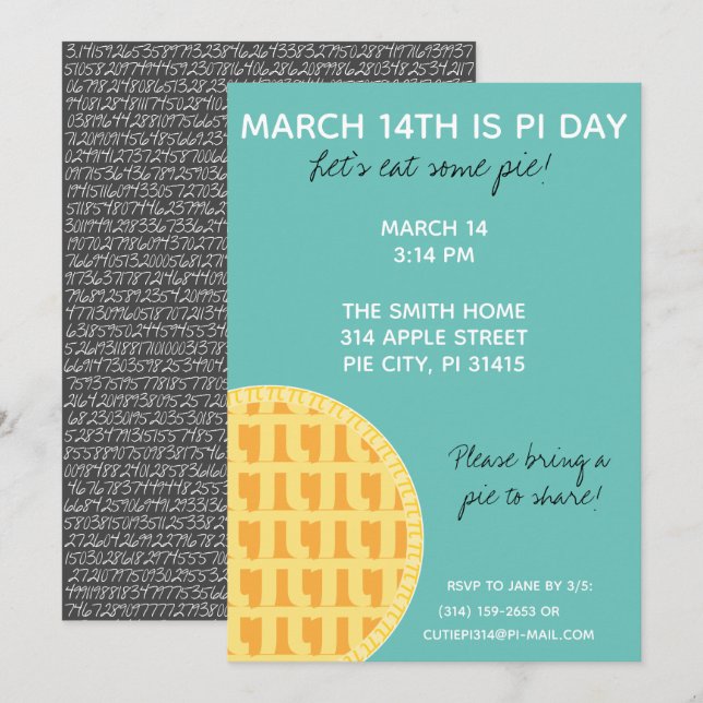 Pi Day Party-inbjudan med Pi-siffror på baksidan! Inbjudningar (Fram/baksida)
