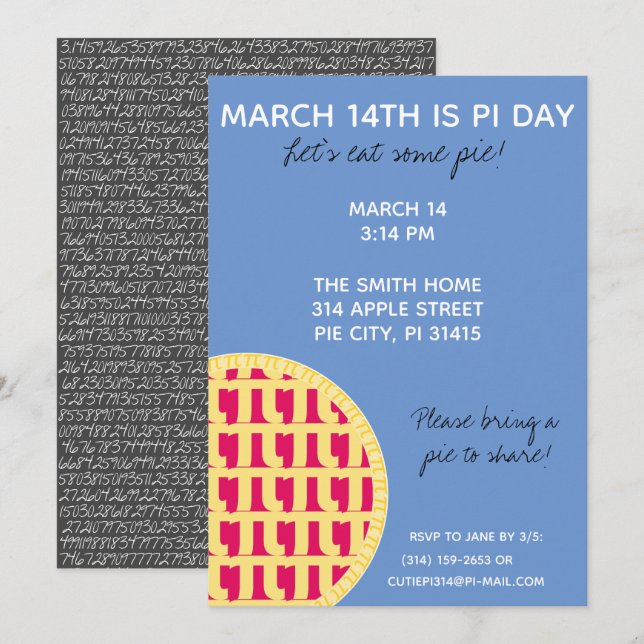 Pi Day Party-inbjudan med Pi-siffror på baksidan! Inbjudningar (Fram/baksida)