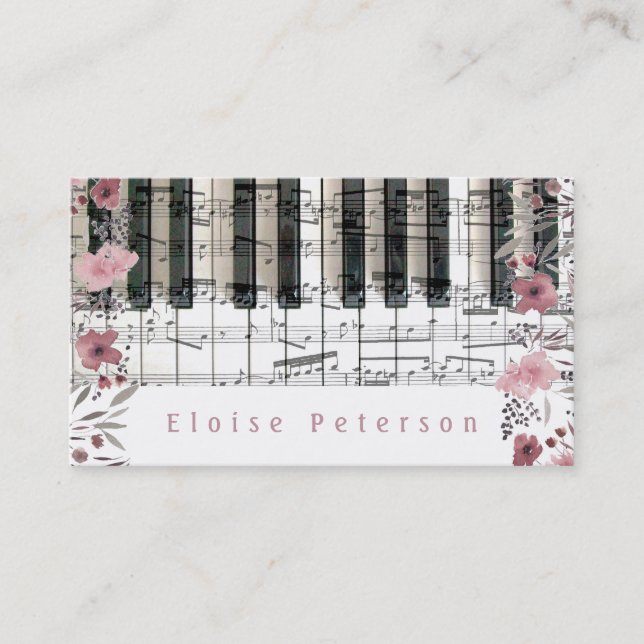 Pianist nycklar och rosa vattenfärgblommor visitkort (Framsida)
