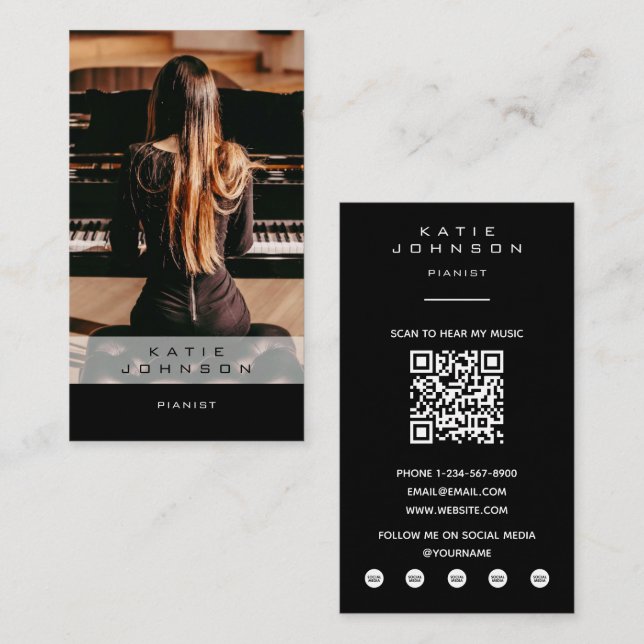 Pianist Pianomusiker Lärar Foto QR-kod Visitkort (Fram/baksida)