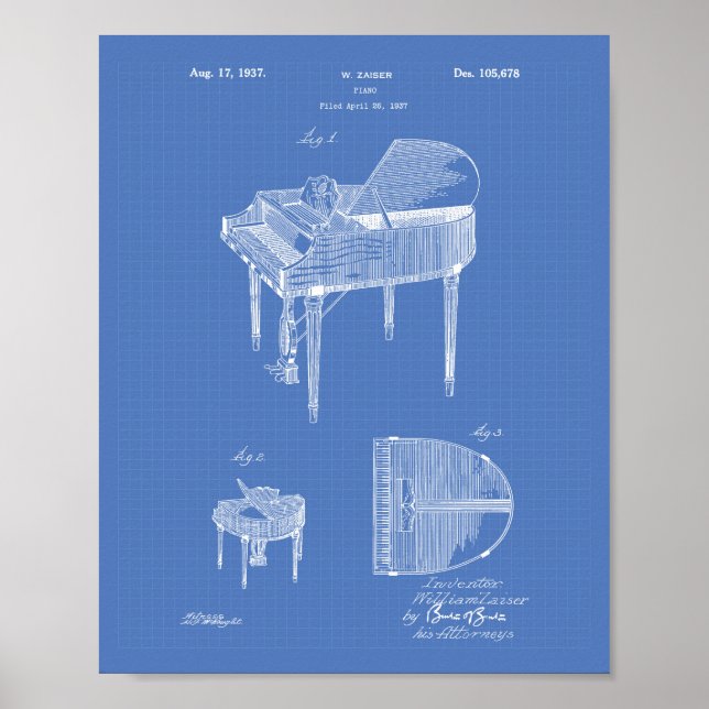 Piano 1937 Patent Art Blueprint Poster (Framsidan)