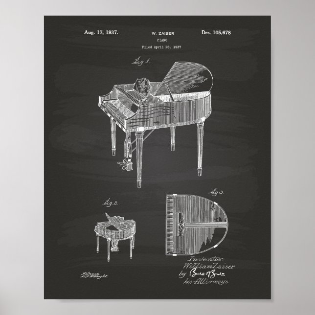 Piano 1937 Patent Art Chalkboard Poster (Framsidan)