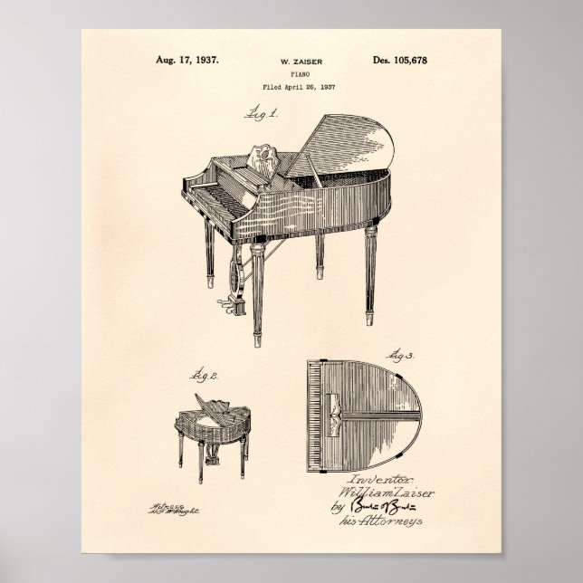 Piano 1937 Patent Art Old Peper Poster (Framsidan)