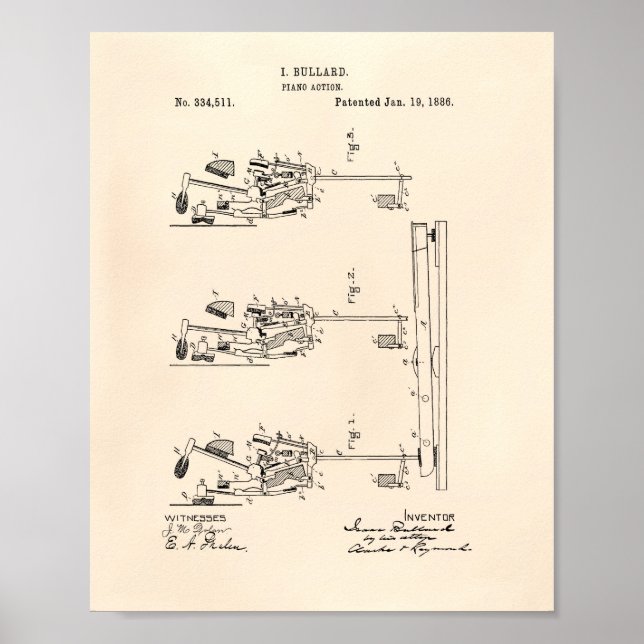 Piano Action 1886 Patent Art Old Peper Poster (Framsidan)