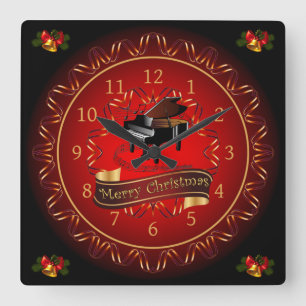 Piano ~ God jul ~ Maroon & Black ~ Fyrkantig Klocka