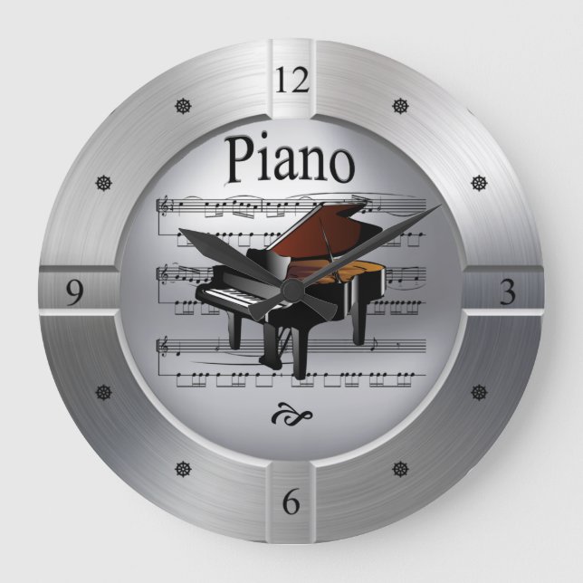 Piano~Lakan Music~Bruten Silver Färg~Unik~ Stor Klocka (Framsida)