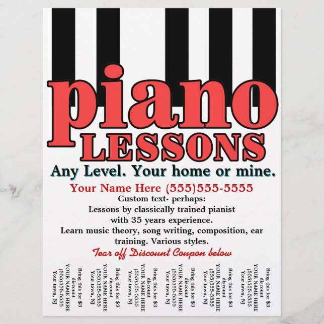 Piano Lessons. Lärare. Musiklärare. Tear lakan Reklamblad (Framsidan)