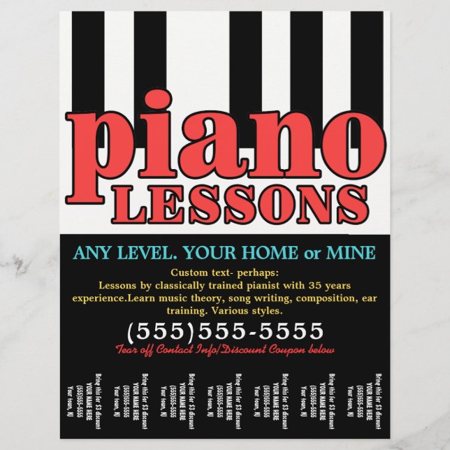 Piano Lessons. Musiklärare.Anpassade Tear lakan Reklamblad (Framsidan)