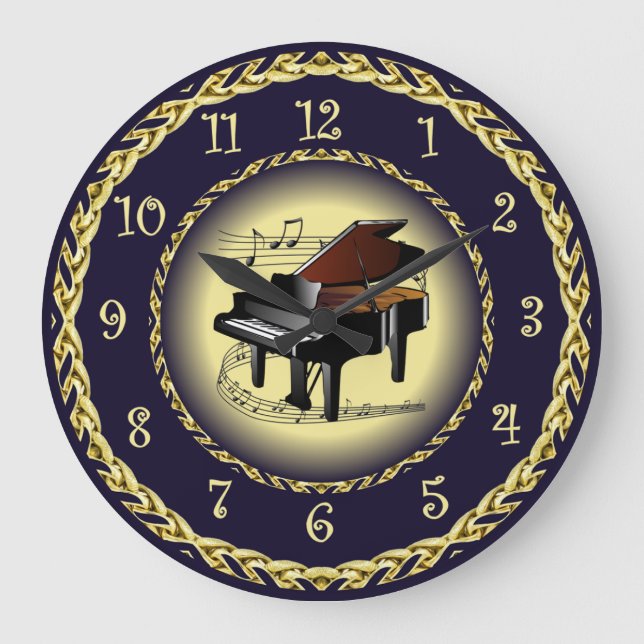 Piano Musical Rulla ~ Guld och Navy Blue ~ Stor Klocka (Framsida)