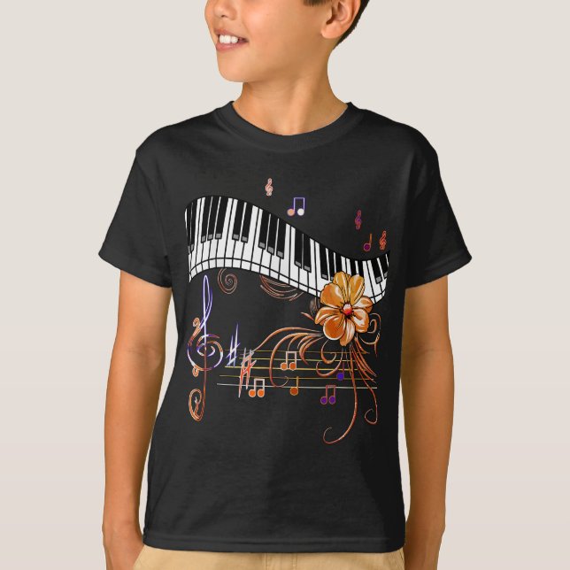 Piano Musical Tangentbord Guld Flower T Shirt (Framsida)