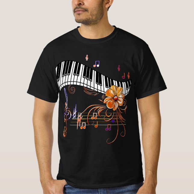 Piano Musically Keyboard Gold Flower  T Shirt (Framsida)