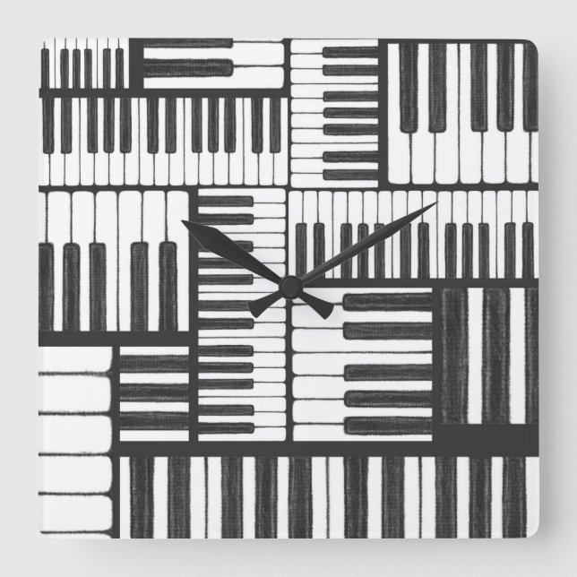 Piano Nycklar Black and White Wall Clock Fyrkantig Klocka (Framsida)
