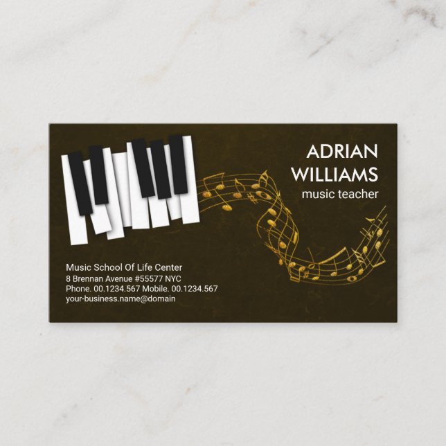 Piano Nycklar Flyter Guld Musik noter musiklärare Visitkort (Framsida)