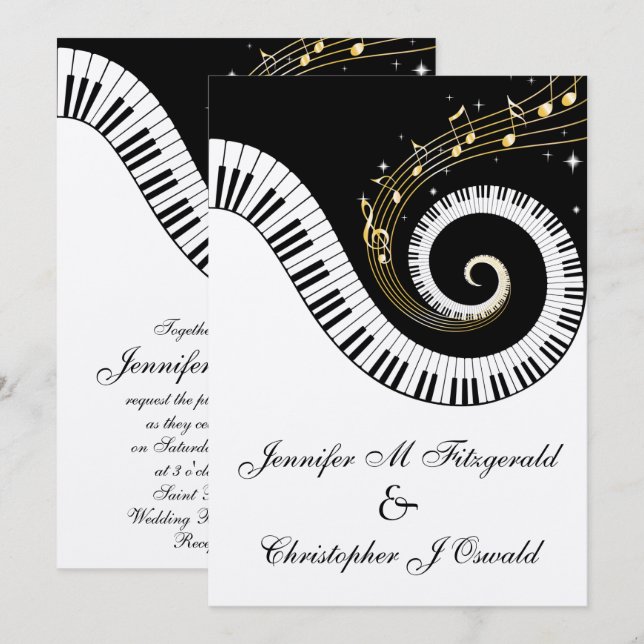 Piano Nycklar och Golden Musik noter Bröllop Inbjudningar (Fram/baksida)
