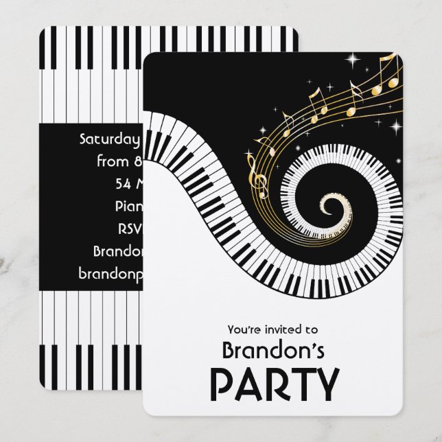 Piano Nycklar och Guld Musik noter Party Inbjudningar (Fram/baksida)