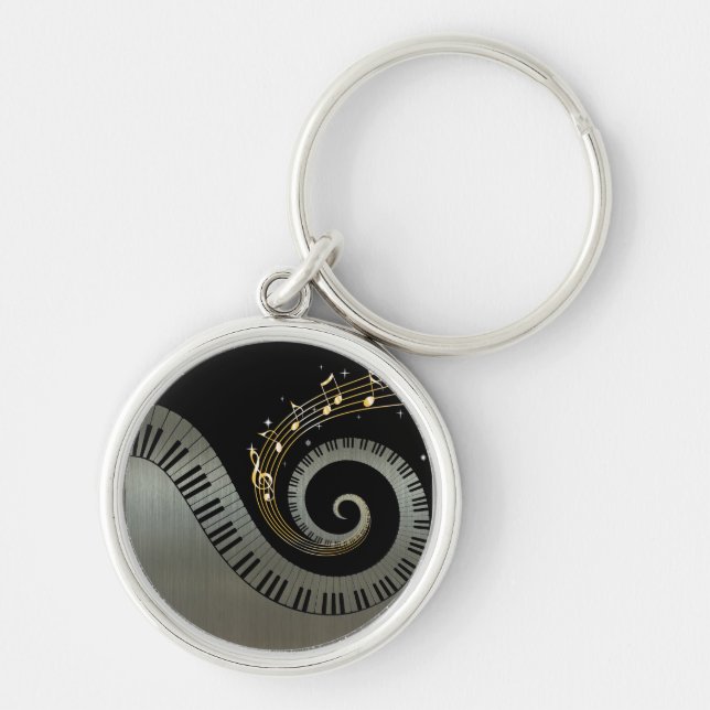 Piano Nycklar och Guld Musik noter Rund Silverfärgad Nyckelring (Framsidan)