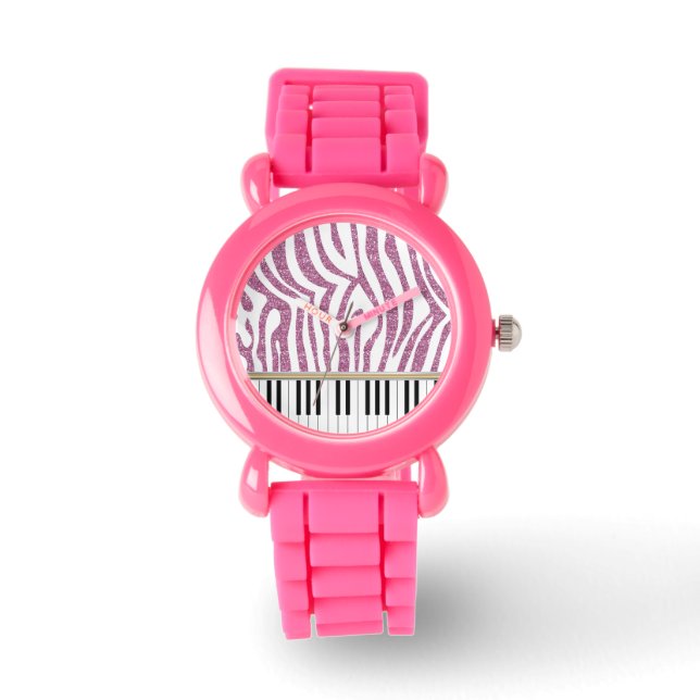 Piano Nycklar Rosa Glitter Zebra tryck Armbandsur (Framsida)