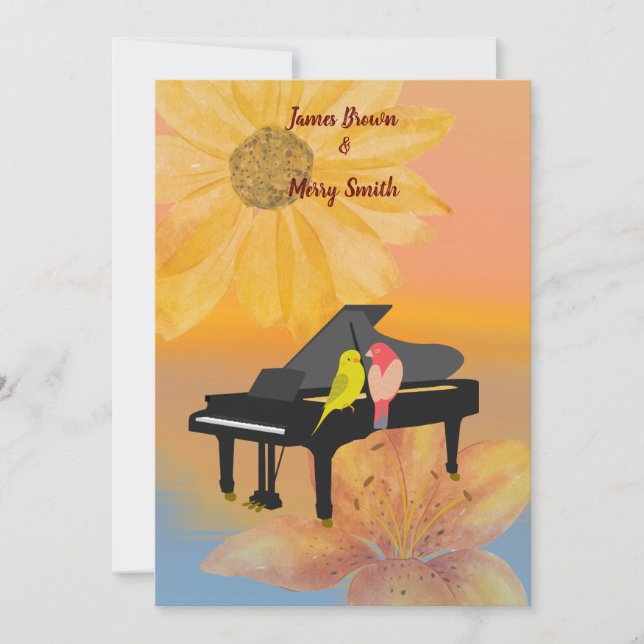 Piano Parrots Dreamy Flower Sunset Bröllop Inbjudningar (Framsida)