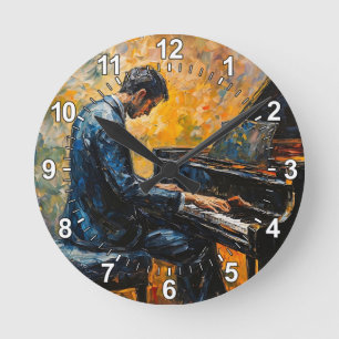 Piano Player - Oljemålning Rund Klocka