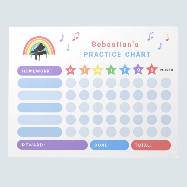 Piano Practice Musik noter Rainbow Reward Chart Anteckningsblock (Skapare uppladdad)