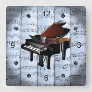 Piano ~ Rolled Lakan Music ~ Blue Tint Background  Fyrkantig Klocka