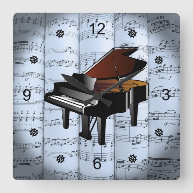 Piano ~ Rolled Lakan Music ~ Blue Tint Background  Fyrkantig Klocka (Framsida)
