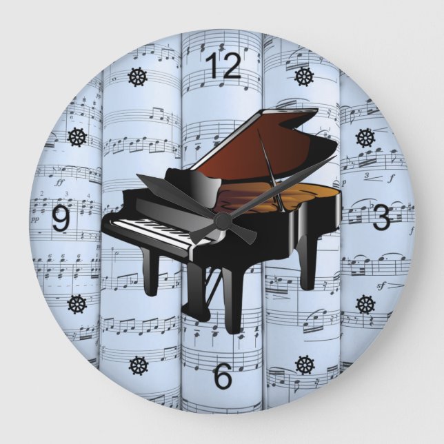 Piano ~ Rolled Lakan Music ~ Blue Tint Background  Stor Klocka (Framsida)