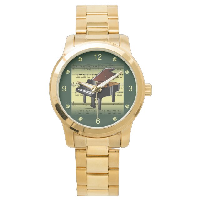 Piano ~ Rolled Lakan Music ~ Guld/Grönt Background Armbandsur (Framsida)