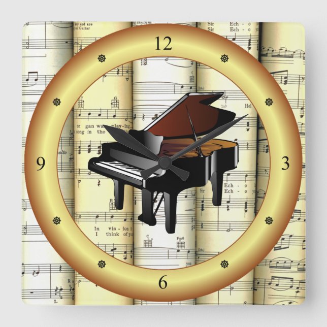 Piano ~ Rolled Lakan Music ~ Guld Ring ~ * ~ Fyrkantig Klocka (Framsida)