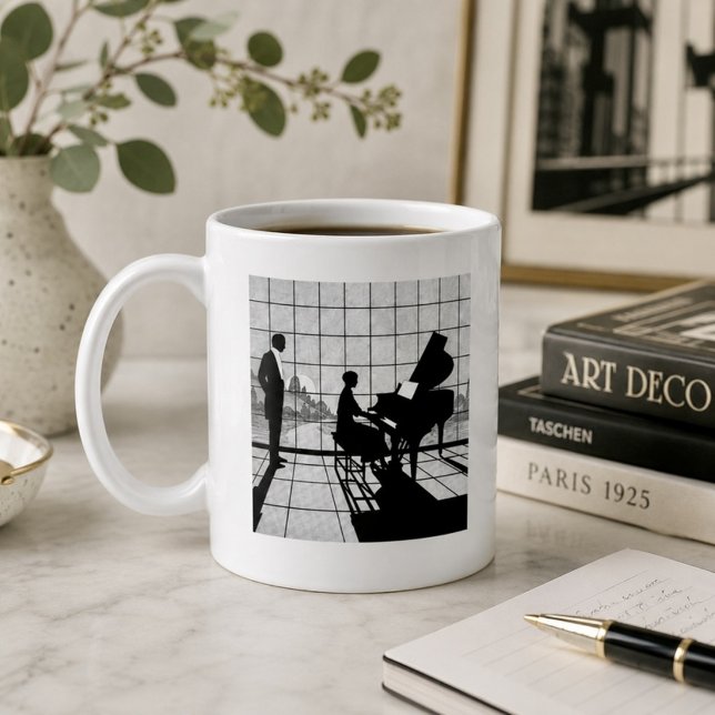 Piano Siluett Art Deco Stil | Svart och Vitt  Kaffemugg (Skapare uppladdad)