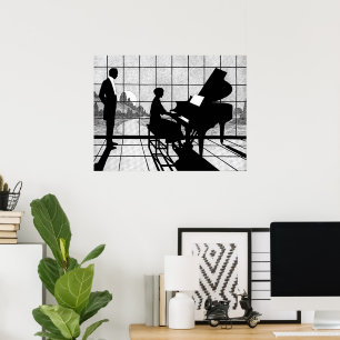 Piano Siluett Art Deco Stil Svart och Vitt Poster
