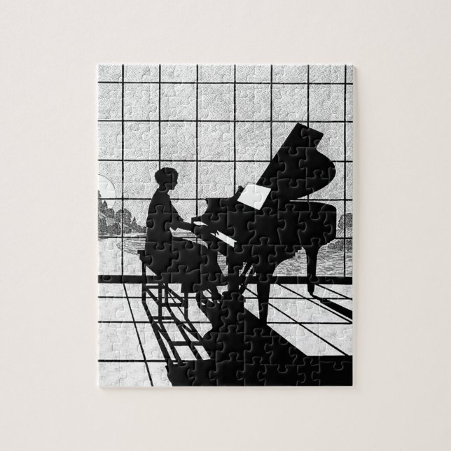 Piano Siluett Art Deco Stil | Svart och Vitt  Pussel (Vertikal)