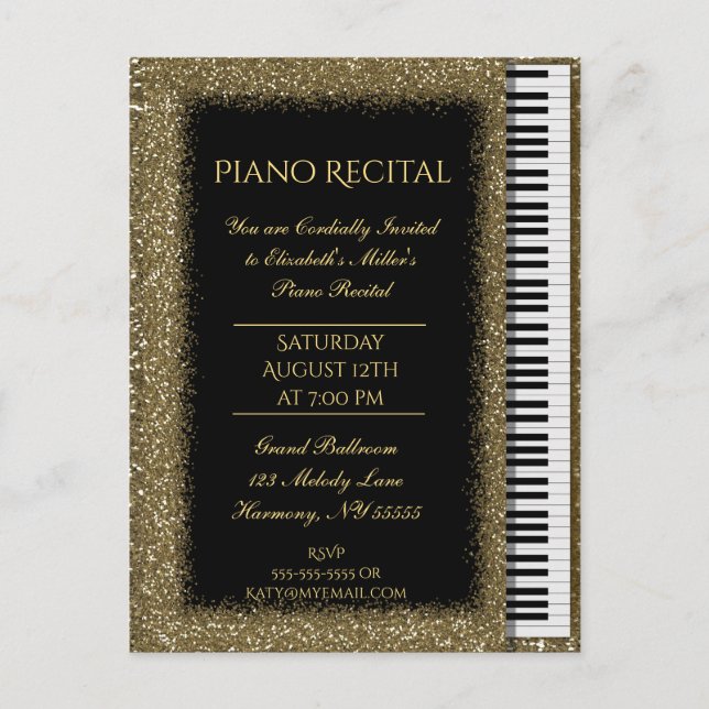 Piano Skäl Guld Glitter Baby Grand Inbjudan Vykort (Framsida)