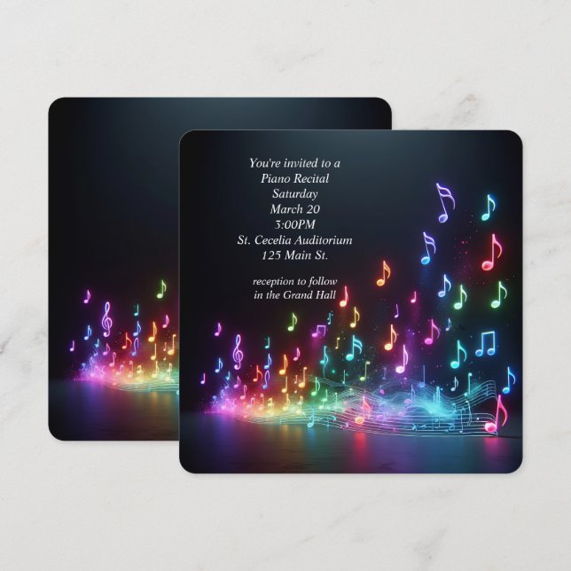 Piano Skäl Neon Musik noter Inbjudningar (Fram/baksida)