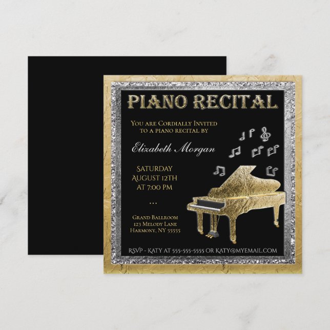 Piano-skälet Guld och Silver Inbjudningar (Fram/baksida)