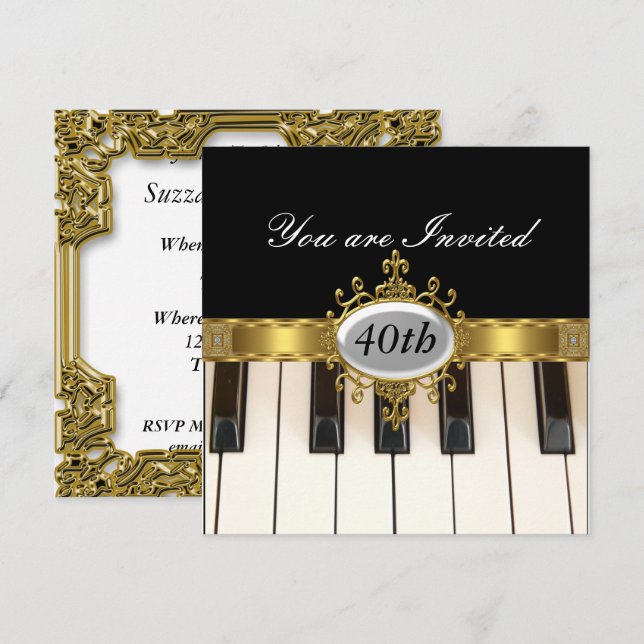Piano svart födelsedagsfest glamoröst inbjudan (Fram/baksida)