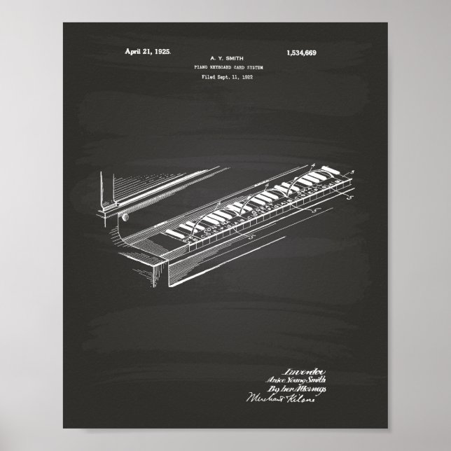 Piano Tangentbord 1925 Patent Art Chalkboard Poster (Framsidan)