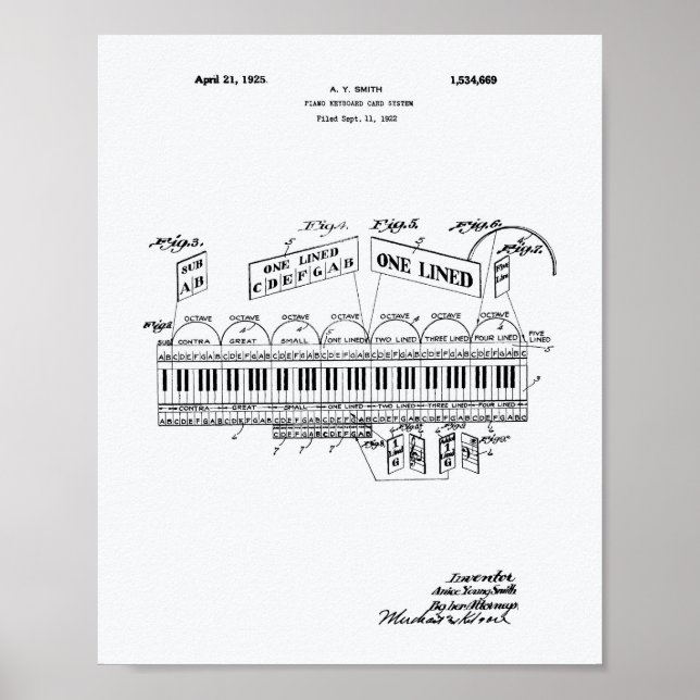 Piano Tangentbord 1925 Patent Art White Papper Poster (Framsidan)