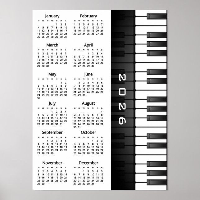 Piano tangentbord Design 2026 Väggkalender Poster (Framsidan)