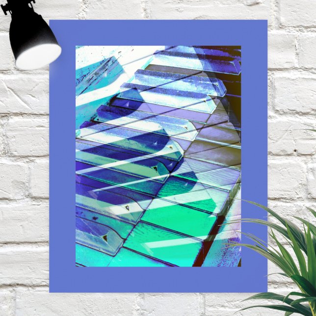 Piano Tangentbord Nycklar Music Abstrakt Blue Turc Poster (A contemporary poster with abstract piano keys design, in blue, green, black and white)