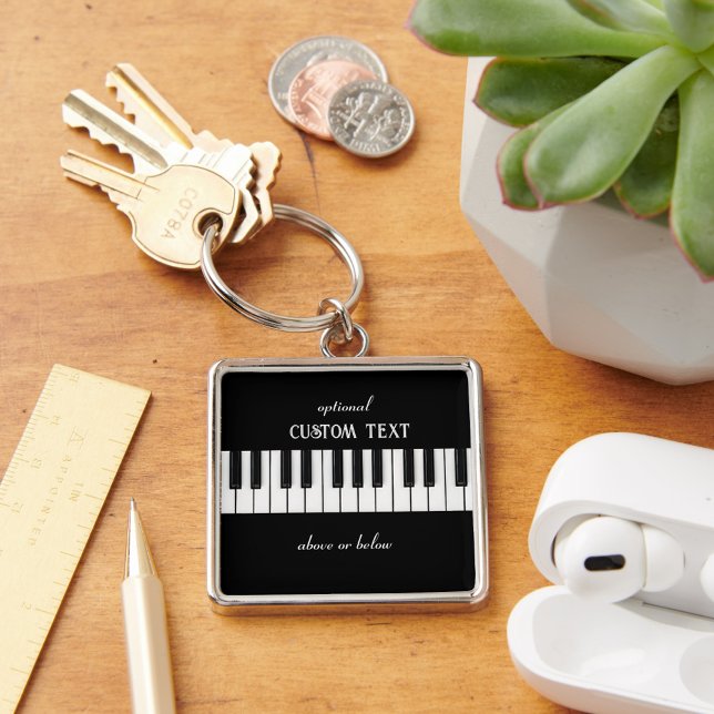 Piano Tangentbord och anpassade, svart och vit Fyrkantig Silverfärgad Nyckelring (Piano keyboard and optional text keyring)